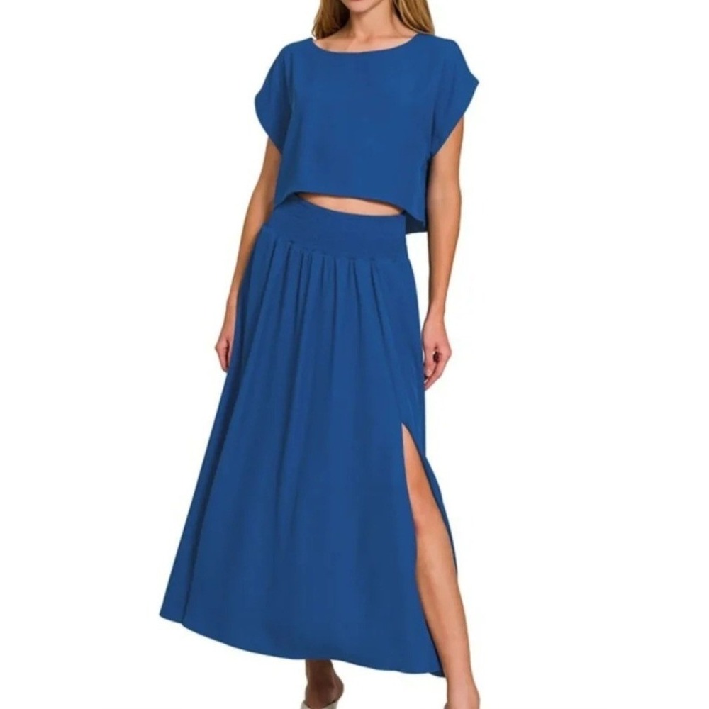 Zenana Heavy Woven Span Crop Top & Maxi Skirt Set Light Navy Blue tie back Small